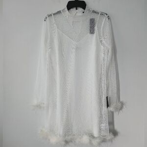 NWT Lulus Immaculate Charisma White Mesh Feather Long Sleeve Mini Dress Large